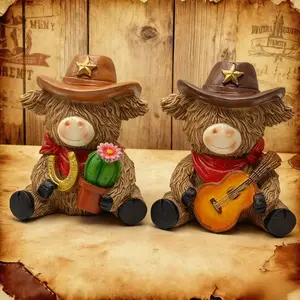 New Creative Home Desktop Resin Guitar Highland Cow Statue Ornament, Holiday Decoration, Unique Desk Decor, Collectible Western Figurine