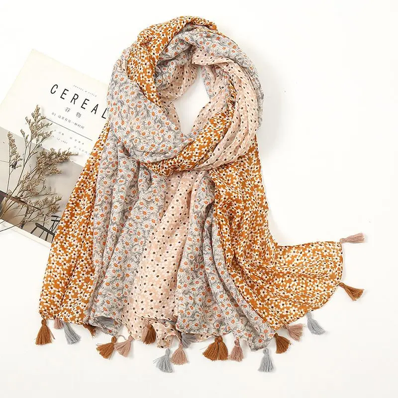 Lovely 3 Segments Ombre Polka Floral Tassel Viscose Shawl Scarf Lady High Quality Wrap Pashmina Stole Bufandas Muslim Hijab Caps