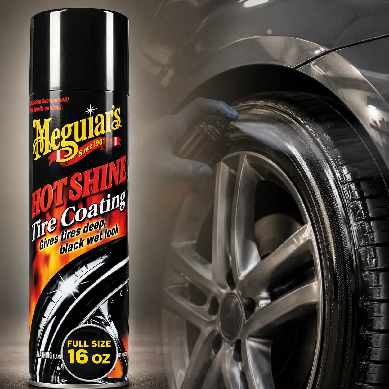 Meguiar's Hot Shine Tire Coating, tire shine spray, high gloss, wet look finish, deep black tires, long lasting shine, water resistant polymers, anti ozonants, no streaks, no drips, low overspray, spray and walk away, car detailing, SUV, truck