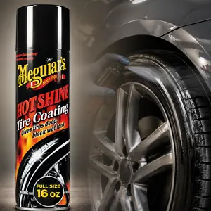 Meguiar's Hot Shine Tire Coating, tire shine spray, high gloss, wet look finish, deep black tires, long lasting shine, water resistant polymers, anti ozonants, no streaks, no drips, low overspray, spray and walk away, car detailing, SUV, truck