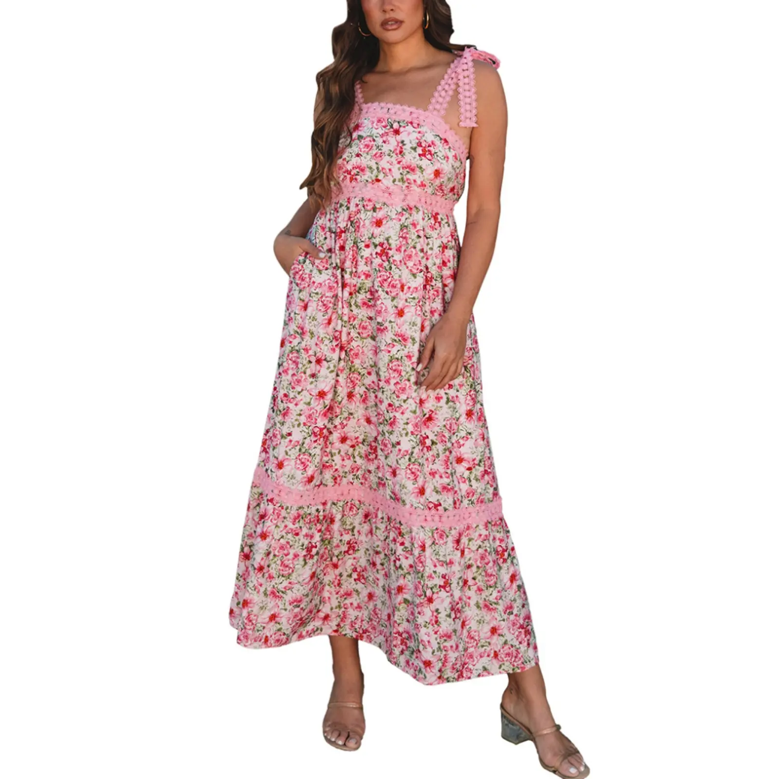 Asvivid Women's Boho Dresses Pink Floral Tied Lace Straps Empire Waist Maxi  Dress with Pockets for Special Occasions - TikTok Shop