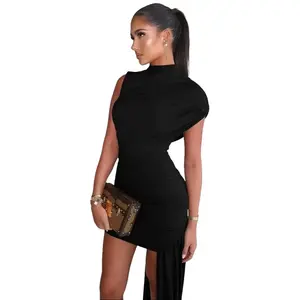 Women's Solid Color Ruched Asymmetrical Bodycon Dress, Elegant Mock-Neck Short Dress for Party Date Evening, Ladies Summer Clothes