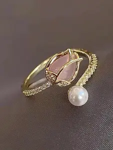 1pc Women Ring Gilded Tulip Bud Adjustable Ring, Women's Fashion Jewelry, Pink Crystal Bridal Wedding Party Gift, Couple, Friend, Girlfriend, Royal Vintage