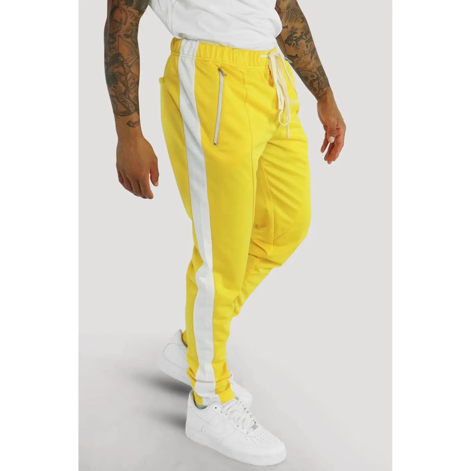 Premium Side Stripe Zip Pocket Track Pants (Yellow - White)