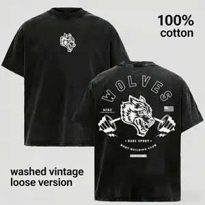Unisex 100% Cotton Classic Ribbed Breathable Short-Sleeve Oversized Round Neck Seamless Vintage Washed Heavyweight Wolves Graphic T-Shirt, Men's Bodybuilding Gym Apparel, Strength Training Casual Top