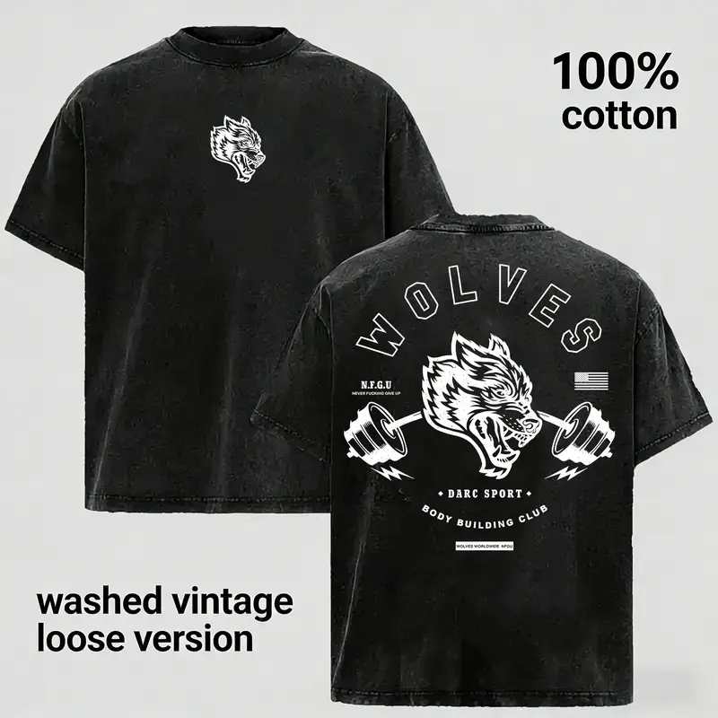 Men's 100% Cotton Japanese Soft Loose Short-Sleeve T-Shirt - Unisex Classic Ribbed Breathable Oversized Round Neck Seamless Vintage Washed Heavyweight Wolves Graphic Top, Menswear Apparel Clothes (S-3XL)