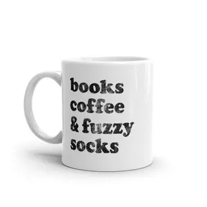 Books Coffee and Fuzzy Socks Mug Funny Cute Cozy Text Graphic Novelty Cup - 11oz Funny Coffee Mugs Ceramic Printed Drinkware Cup