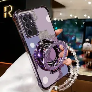 S21Ultra Elegant Transparent Magnetic Glitter Pearl Strap Lanyard Phone Holder Case For Compatible With Samsung Galaxy S21 Ultra Large Purple Flowers Stand Cover Phone Accessory