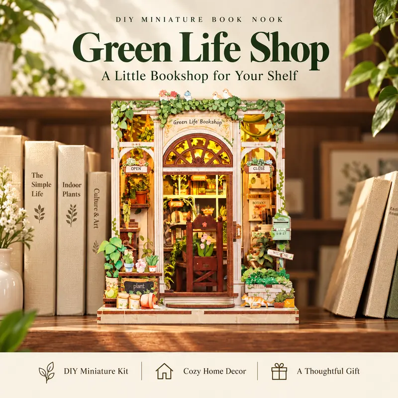 CuteBee Green Life Shop DIY Miniature Book Nook Kit, 196-Piece Wooden Bookshop with LED Light, Bookshelf Decor & Gift for Book Lovers