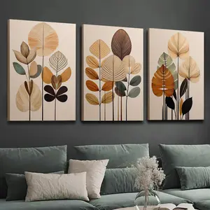 2D Flat, 3-Piece Wooden Framed Decorative Painting, Scandinavian Art Style, Medieval Print, Abstract Plant Leaf Texture, Sage Green, Black And Beige Color Scheme, Interior Wall Decorative Art