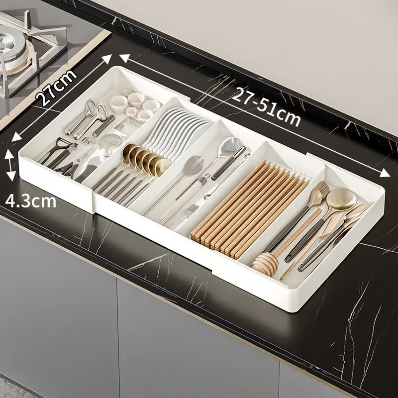 Expandable Kitchen Drawer Organizer, Deep Cabinet Storage Box with Removable Plastic Tray, Adjustable Dividers for Organizing Supplies