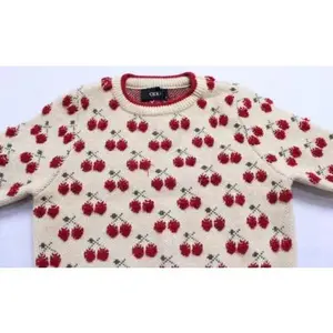 Cider Women's Contrast Binding Cherry Patter Knitted Crop Top AR8 Beige Small