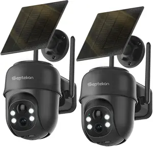 2K Solar Security Cameras Wireless Outdoor 2 Pack, 360°PTZ Battery Powered Outdoor Camera, 2.4G WiFi Camera with Spotlight Color Night Vision, Motion Sensor Alarm, IP66, Black