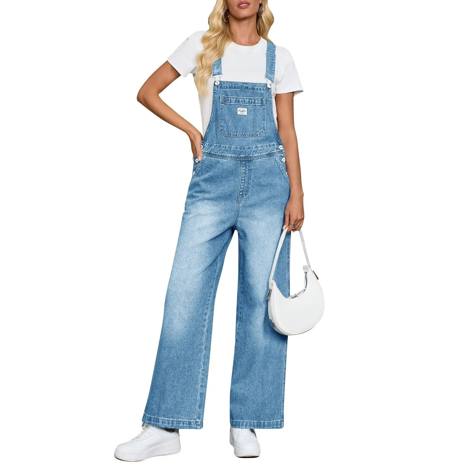 Lady's Women's Basic Denim Adjustable-Strap, Wide-Leg, Loose-Fit Long Jumpsuits - Adjustable Waist Overalls, Casual Coveralls with Pockets