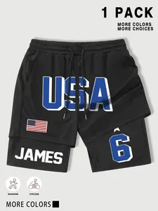 Men's 2 in 1 USA Letter Print Shorts, Regular Fit Casual Sporty Breathable Quick Drying Shorts, Men's Bottoms for Gym Workout Running