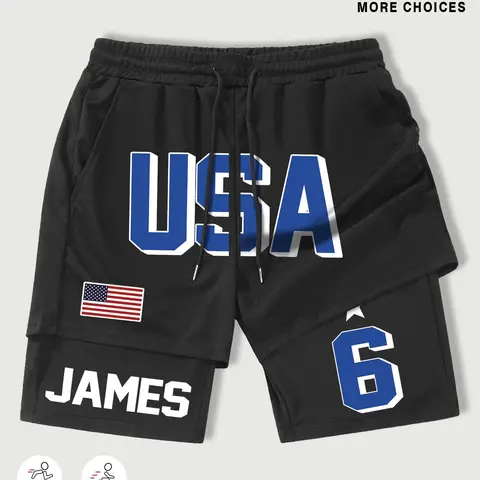 Men's 2 in 1 USA Letter Print Shorts, Regular Fit Casual Sporty Breathable Quick Drying Shorts, Men's Bottoms for Gym Workout Running