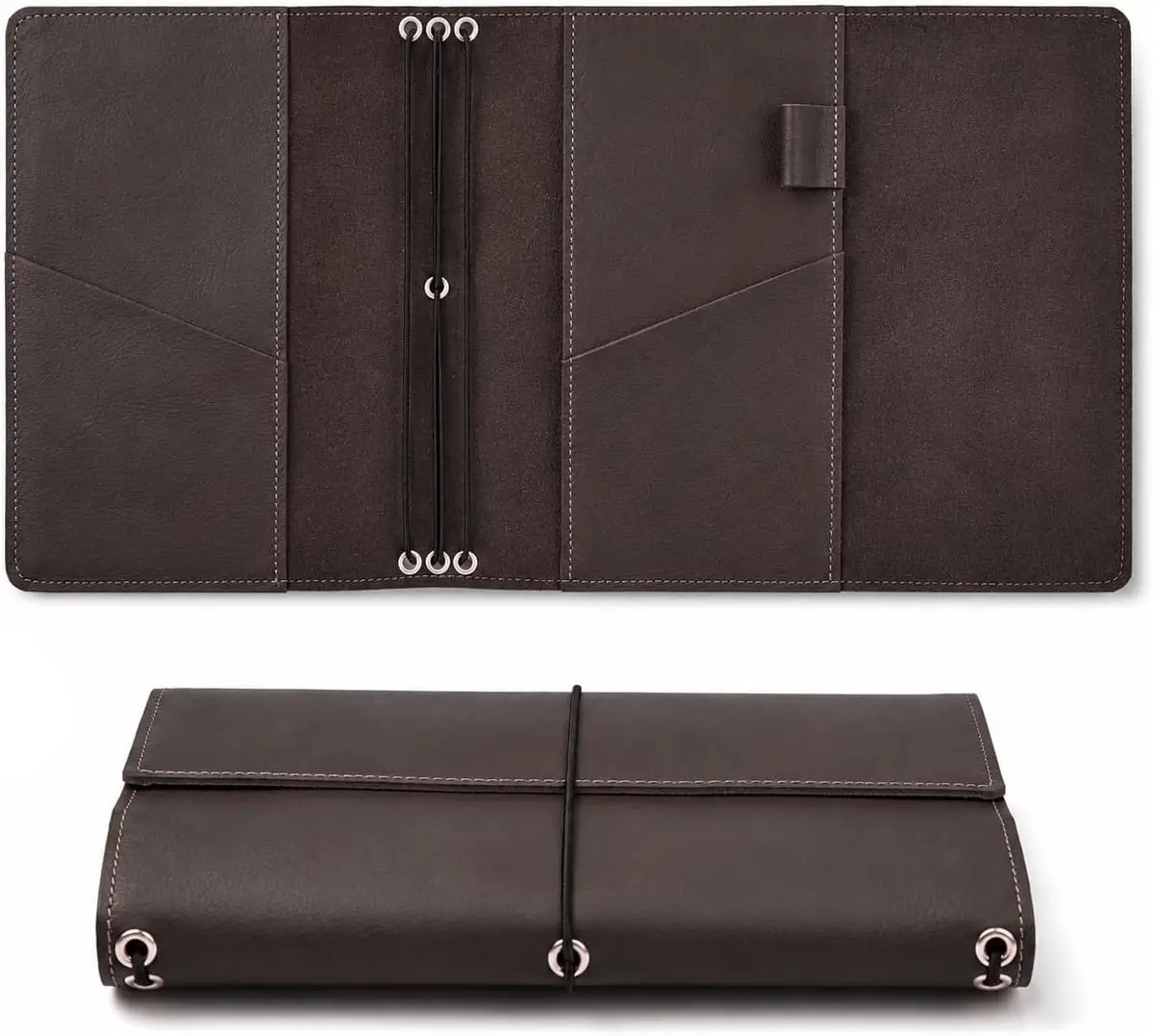 A5 Journal Cover for 3 Inserts, Refillable Leather Notebook Holder, Brown | Crazy Horse Finish, Triple Elastic Bands, Pen Loop, Two Slip Pockets, Fits 5.8 x 8.3 in Refills, Elastic Wrap Closure