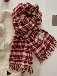 Women's Autumn Winter Casual Fashion Imitation Wool Checkered Scarf, Plaid Woven, Thickened Knit Wrap for Christmas Warmth
