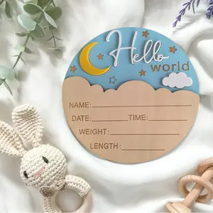 Wooden Baby Birth Memorial Plaque Hello World Moon Star Wind Newborn Photo Prop, Perfect Gift for Baby Party, Personalized Plaque