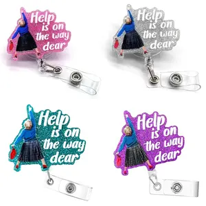 4 Retractable Acrylics Nurse Badge Reels with Alligator Clips Sparkling "Help is on the way dear" Motif, for Nurse&Doctor Fun Shiny ID Holders Office Supplies
