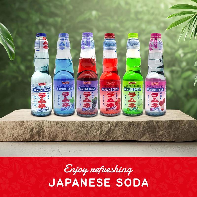 Shirakiku Ramune Japanese Soda Variety Pack - Pack of 6 Japanese Marble Soda Flavors Including Strawberry, Melon, Lychee, Grape & Blueberry - 6.76 fl oz Bottles - Beverage, Fruit