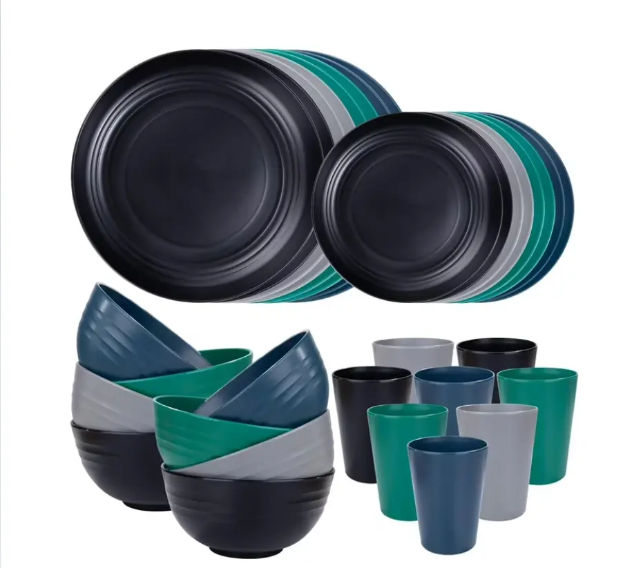 32-Piece Wheat Straw Dinnerware Set for 8 Guests Lightweight Unbreakable Reusable Plates & Bowls Black Eco-Friendly Dining Tableware