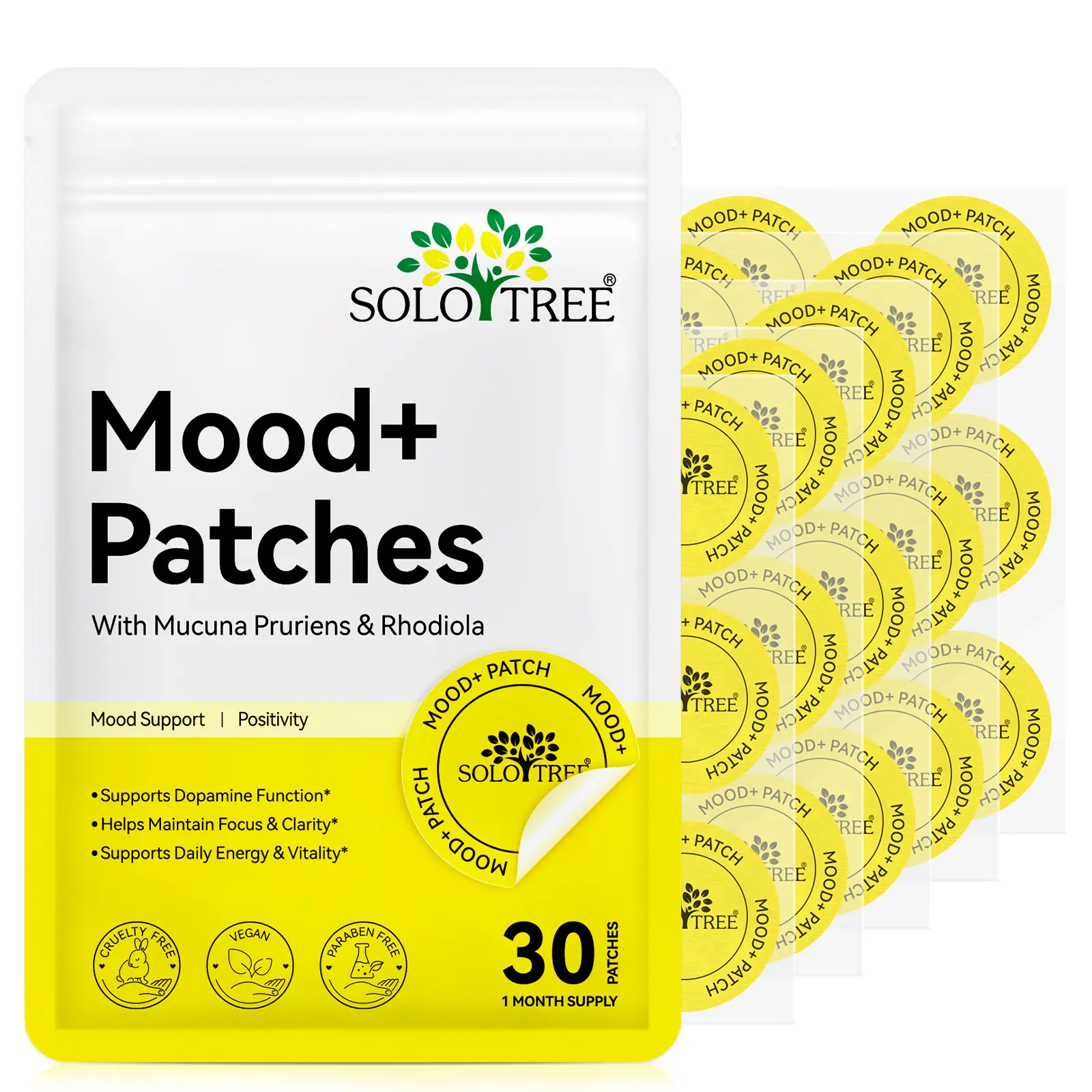 Mood+ Patches with Mucuna Pruriens & Rhodiola for Dopamine Support Focus Clarity Energy 30 Patches 1 Month Supply
