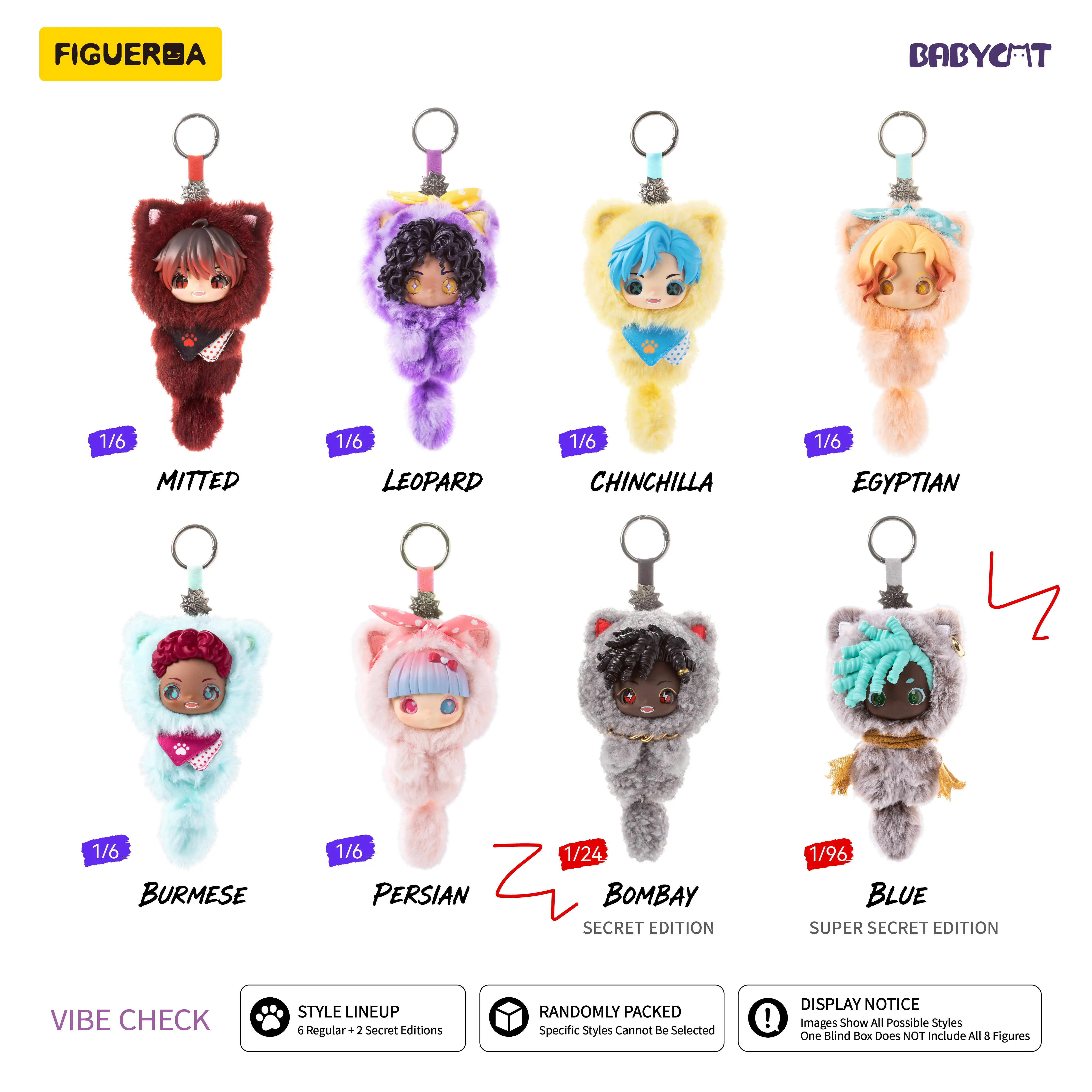 FIGUEROA BABYCAT Vibe Check Series Handmade Soft Vinyl Plush Blind Box, 4.3 in Anime Collectible Bag Charm Keychain, 1 or 6-Box Options