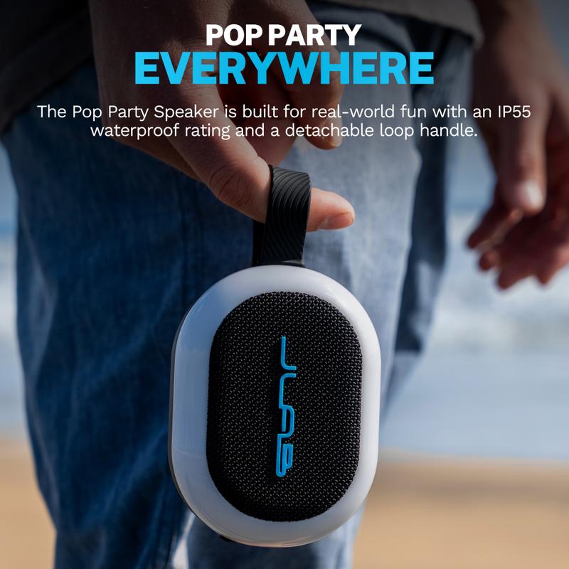 JLab Pop Party Ultra-Portable Bluetooth Speaker 5W Driver 8+ Hours Playtime RGB Lighting IPX5 Splashproof Audio & USB-C Charging