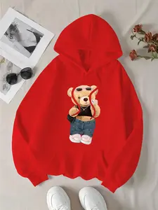 Women's Cartoon Bear Print Drawstring Pocket Thermal Lined Hoodie, Cute Long Sleeve Hooded Sweatshirt for Daily Holiday Outdoor Wear, Ladies Clothes for All Seasons
