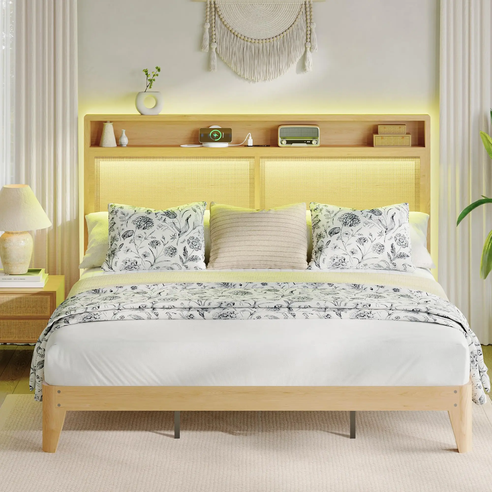 King size Rattan Bed Frame with LED Lights & Charging Station, Bohemian Rattan Bed Frame with 2 Tier Storage , Solid Wood Foundation, Silent Slats