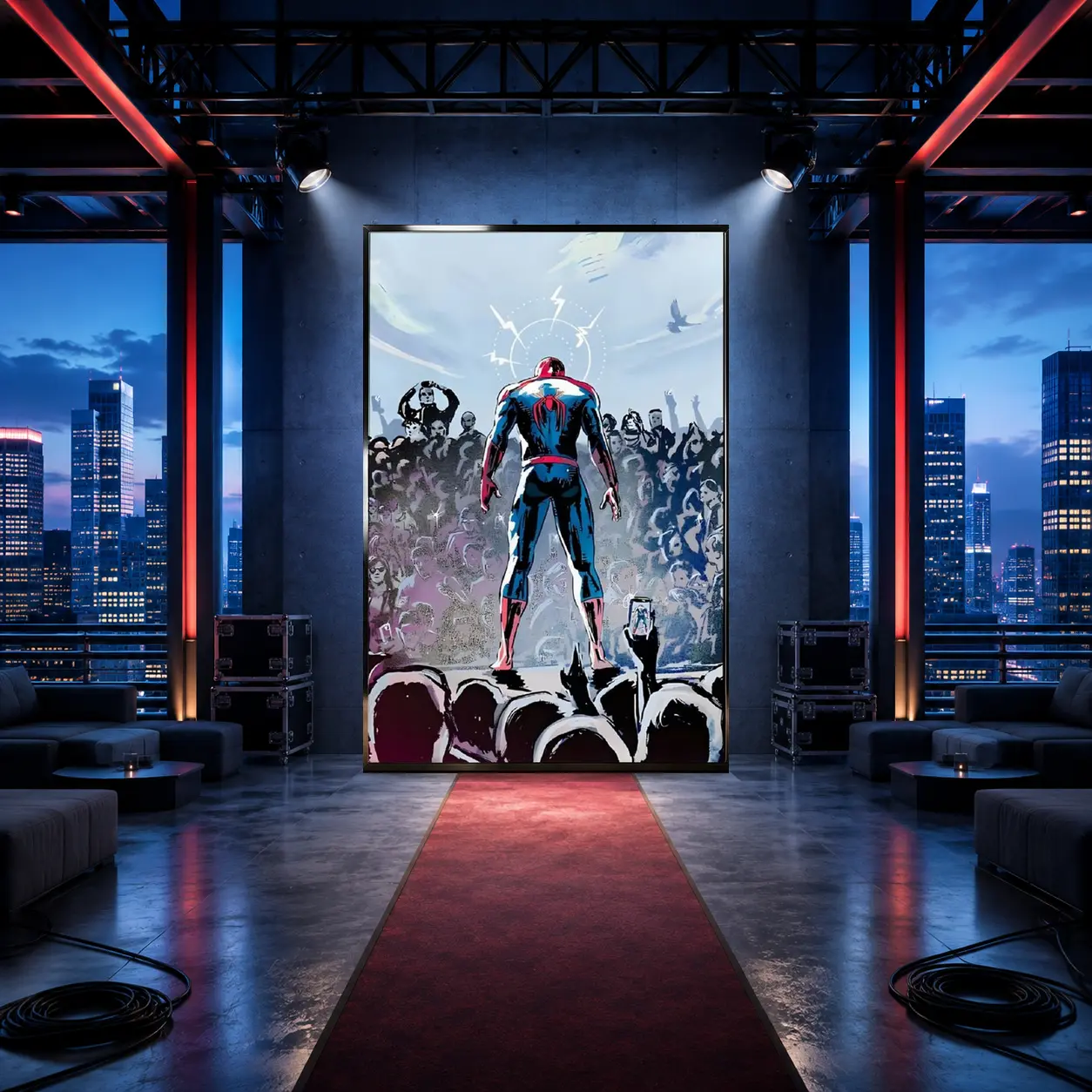 Sketch Style Superhero Standing Before Crowd Framed Canvas Art, Modern Comic Illustration Wall Print for Man Cave, Gaming Room & Bedroom Decor