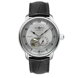 Zeppelin Friedrichshafen Leather Strap Silver Open Heart Dial Automatic 85664 Men's Watch