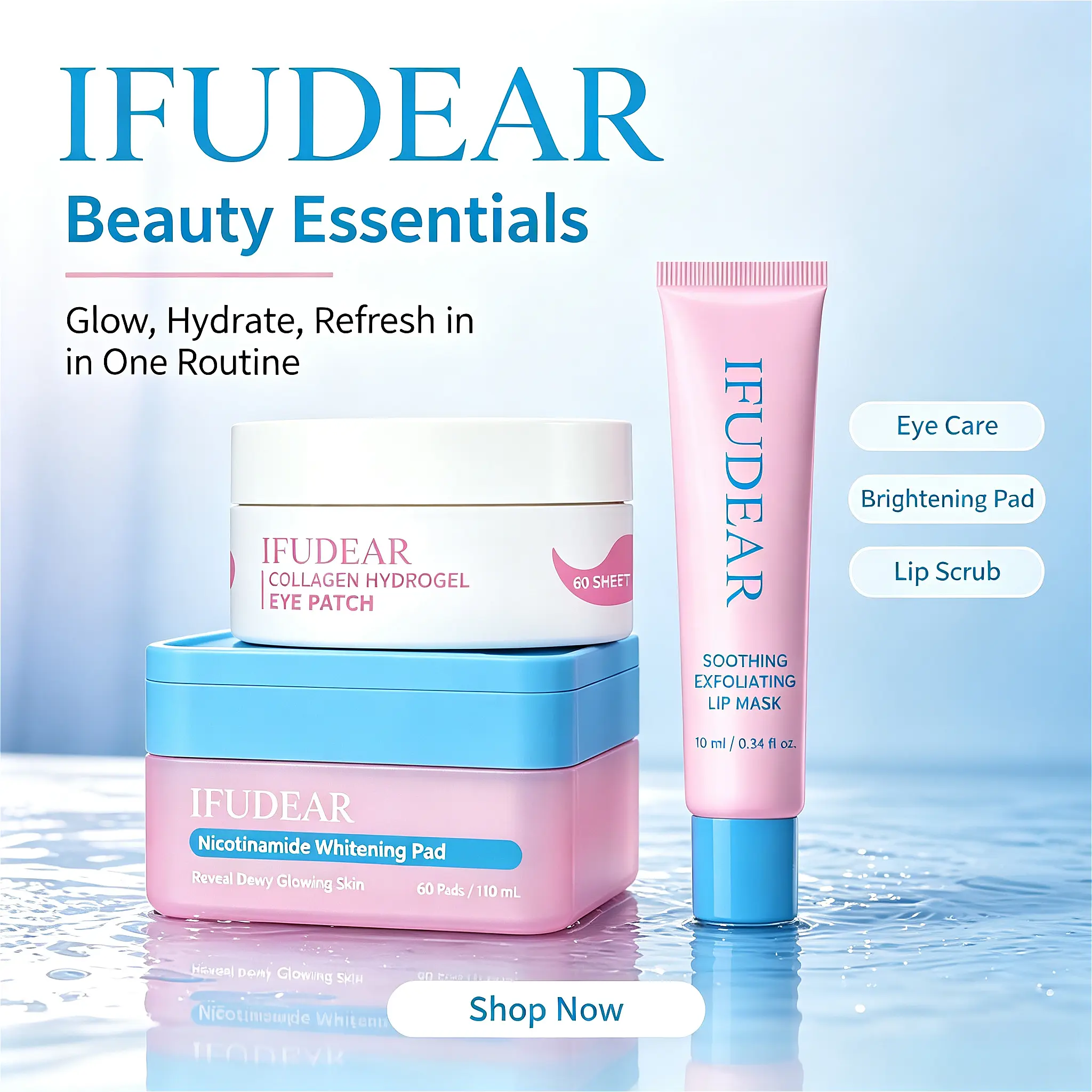 [IFUDEAR Official] 3-in-1 Korean Glass Skin Skincare Set - Pink Collagen Peptide Eye Patches, Niacinamide Toner Pads, Peel-Off Lip Mask - Anti-Aging Eye Care, Brightening Soothing Facial Pads, Hydrating Exfoliating Lip Prep