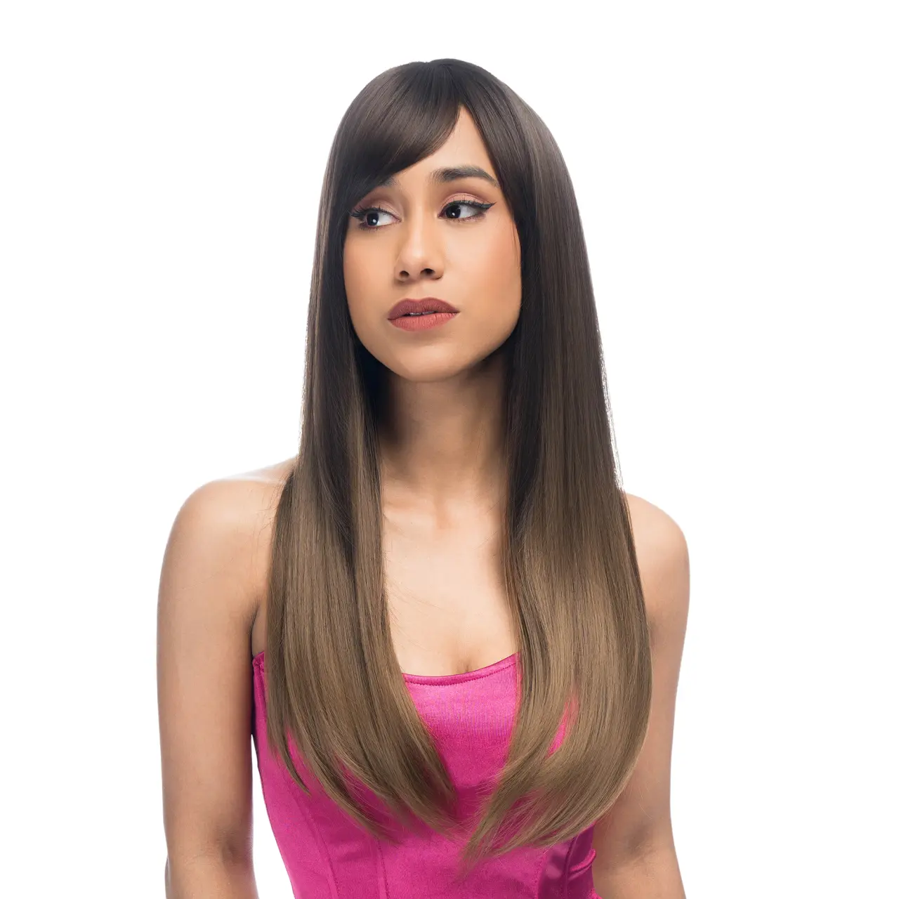 21-Inch Brown Sombre (Chocolate Espresso Roots, Neutral Brown Ends) Straight Synthetic Wig | 【Heat Resistant】【Cap Included】 | 51FSGB