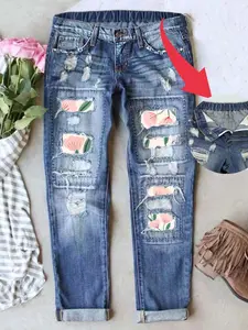 Women's Patch Ripped Distressed Mid-Waist Boyfriend Fit Washed Cute Print Loose Denim Jeans Elastic Waistband Breathable Comfy for All Seasons
