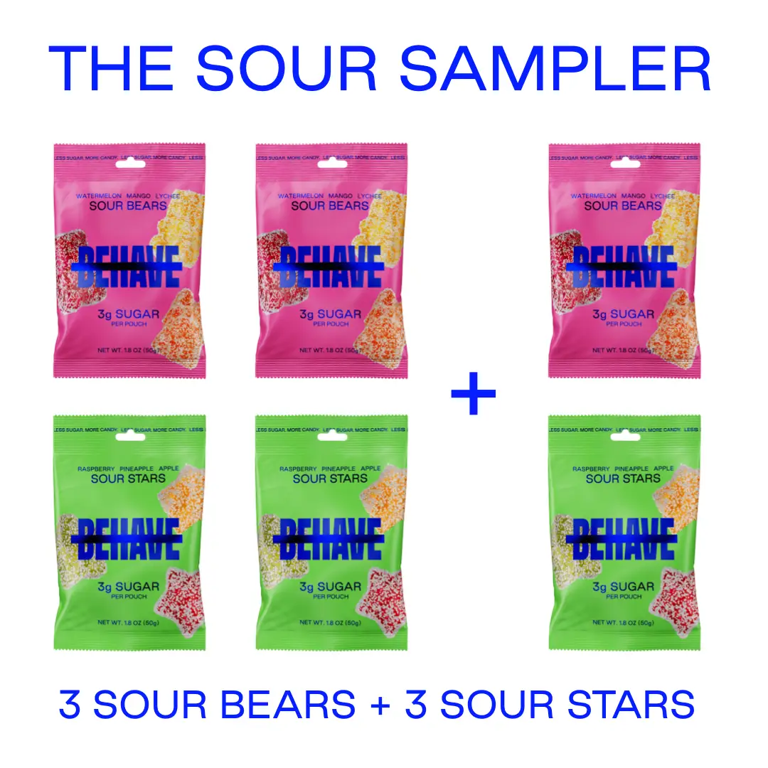 BEHAVE Low-Sugar Sour Candy Sampler (6 bags) - Sour Fruit Flavors - Low Net Carb, Low Calorie, High Fiber - Keto & Diabetic Friendly - Natural Flavori