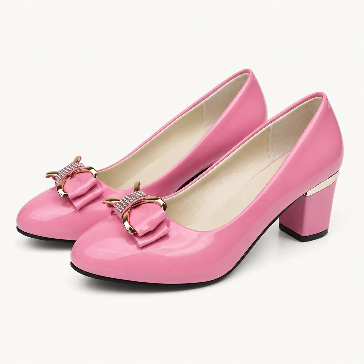 GeeYea women's Pink Patent PU Leather Bow Pumps, Round Toe Chunky High Heel Dress Shoes with Rhinestone & Metal Ornament, Glossy Elegant Heels for Party, Wedding, Office & Date Night.