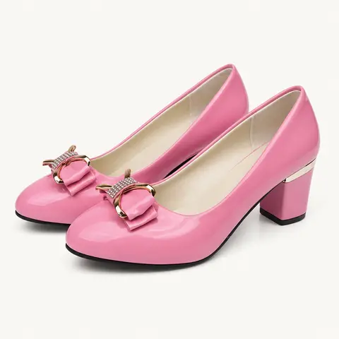GeeYea women's Pink Patent PU Leather Bow Pumps, Round Toe Chunky High Heel Dress Shoes with Rhinestone & Metal Ornament, Glossy Elegant Heels for Party, Wedding, Office & Date Night.
