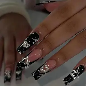 Black Extra Long Square Press On Nails, With 3D Star and Heart, Luxurious Glue On French Stick On, Handmade Gel 24PCS Y2K Fake in 12 Sizes With Gems