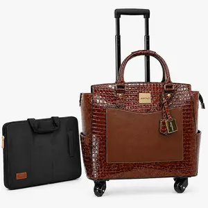 Women's Rolling Briefcase with Wheels, Laptop Compartment - Tan Crocodile Business Tote Bag
