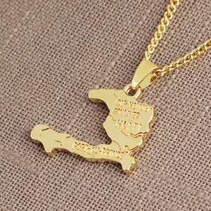 Haiti Map Necklace - Europe America Style Alloy Electroplated Snake Bone Chain Unisex Travel Commemoration Gift