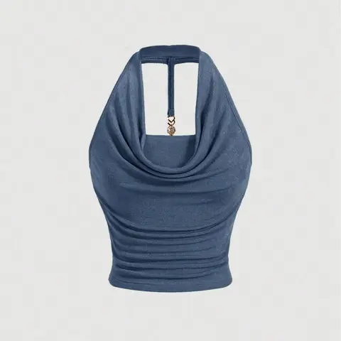 Elegant Halter Neck Ruched Backless Vest, Chic Backless Sleeveless, Elegant Casual, Pure Desire Aesthetic Style, Perfect for Casual Wear, Stylish Women's Top, Comfortable, Fit and Trendy