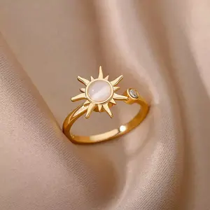 Gold-Plated Copper Cat Eye Stone Sun Ring Adjustable Rotating Ring | Minimalist Aesthetic Spinner Ring Trendy Jewelry Accessories for Women