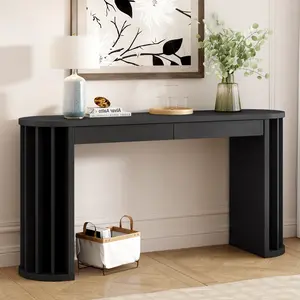 U_Style 59-inch Long Console Table, Oak Veneer Sofa Table, Curved and Straight Line Design, Behind the Couch, Farmhouse Entryway Table for Entrance, Hallway, Living Room