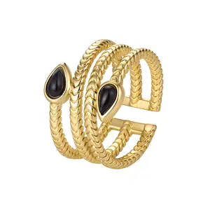 Aurem 14K Gold Plated Snake Ring for Women, Natural Black Onyx Teardrop Adjustable Ring, Chunky Multi Layer  Statement Jewelry