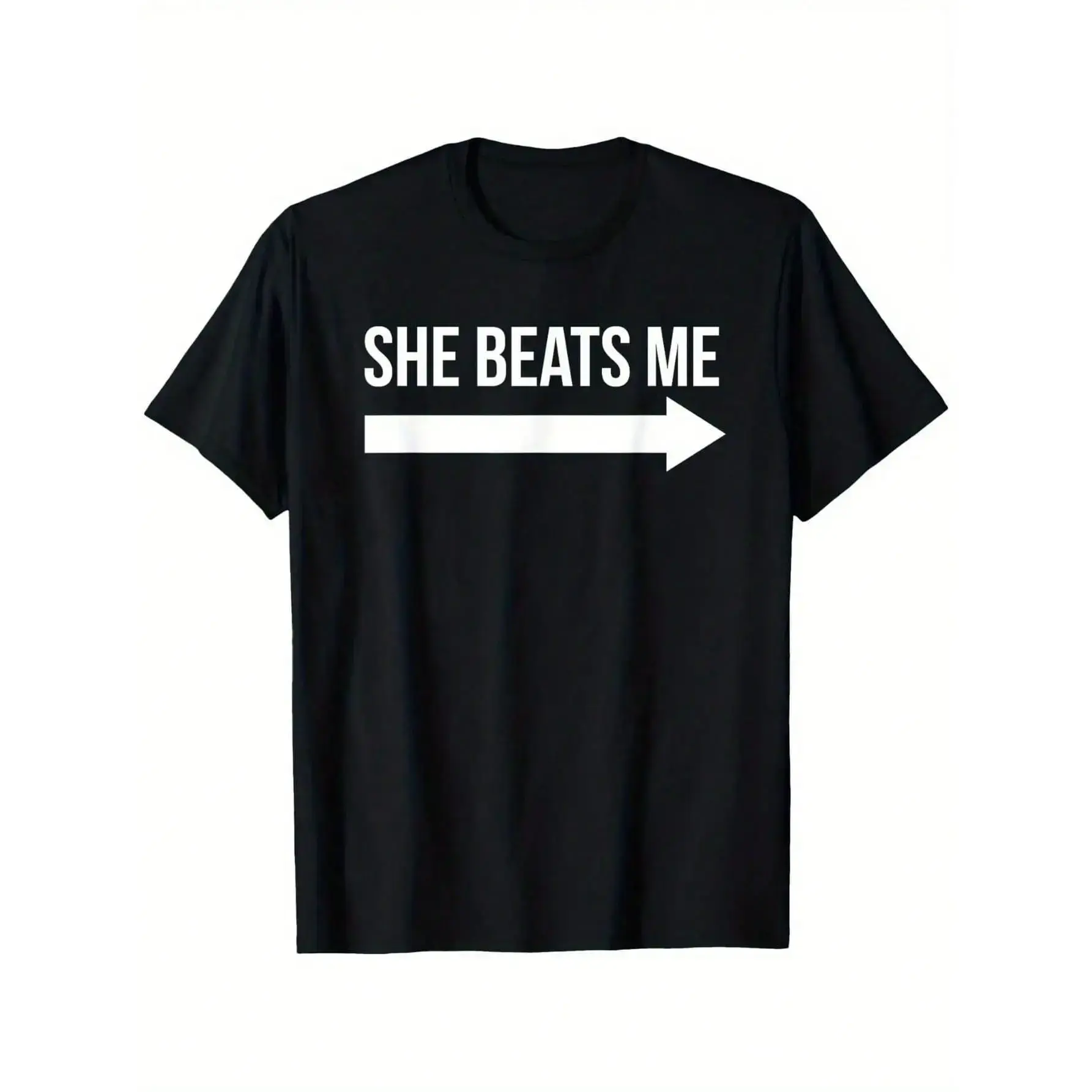 [Funny Graphic Tee] Black Cotton Graphic T-Shirt - Funny 'She  Me' Crew Neck Tee With White Text & Arrow Design| Comfortable Casual Summer Wear For Men
