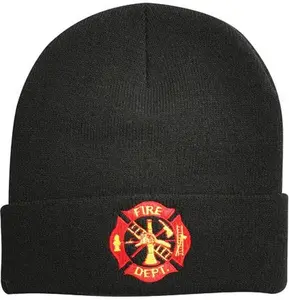 Black - FIRE DEPT Embroidered Logo Emblem Beanie Watch Cap Winter Hat for Firefighters
