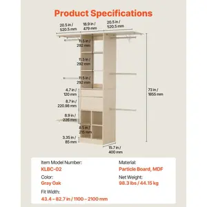 Closet System with 2 Drawers, Adjustable Height Wooden Closet Organizers, Modern Walk-in Wardrobe Organization with 5 Retractable Clothes Hanger Rods, Freestanding Garment Rack Storage, Grey