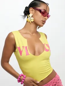Women's Yellow Letter Print Sleeveless Top 2026 Y2K Retro Notch Neck Cropped Slim Fit Soft Casual Streetwear Summer Daily Trendy Going Out Basic Fashion Outfit Viral TikTok Trendy Everyday Wear
